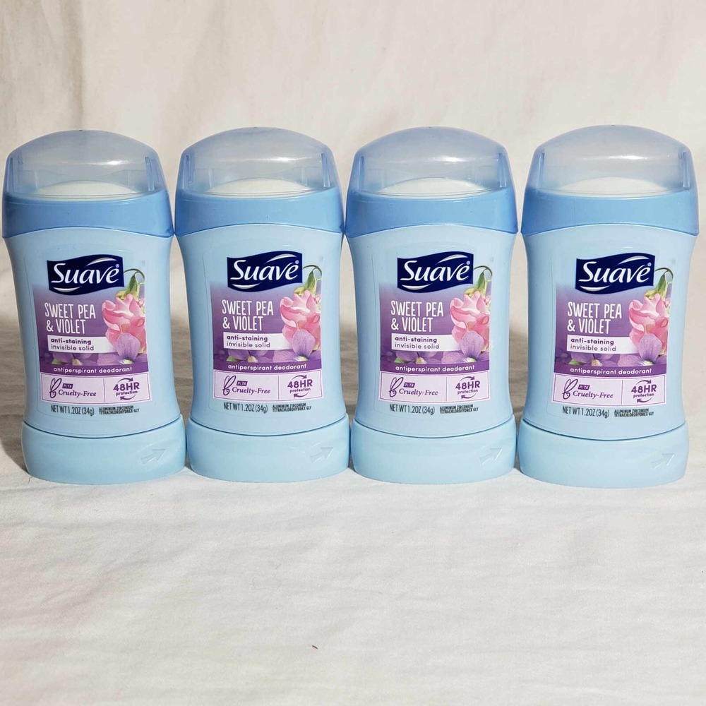 Suave Sweet Pea Violet Anti-Stain Invisible 48H Solid White Deodorant 1.2oz 4pk